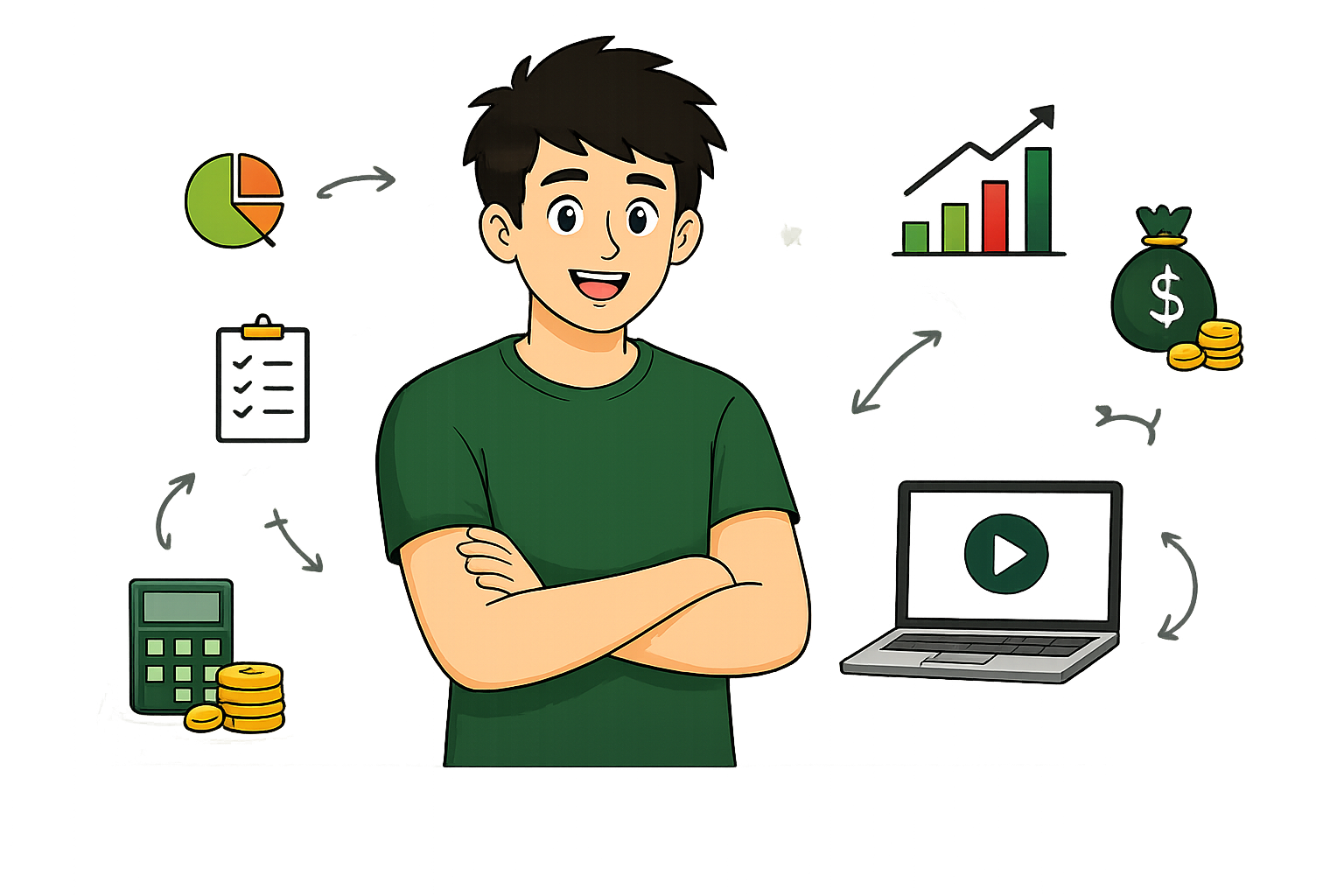 Friendly cartoon character surrounded by finance icons